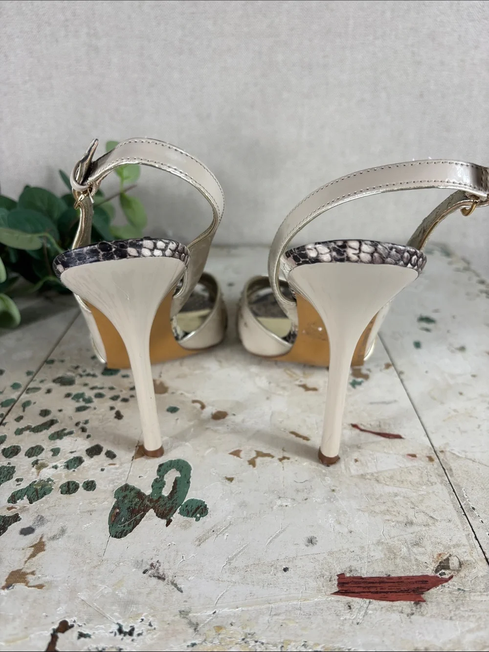 GUESS > Metallic Gold Slingback Heels with Snakeskin Accent 8